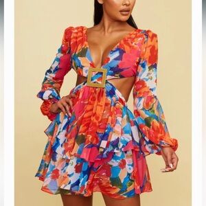 Luxxel Blue and Red Floral Cut Out Dress M
